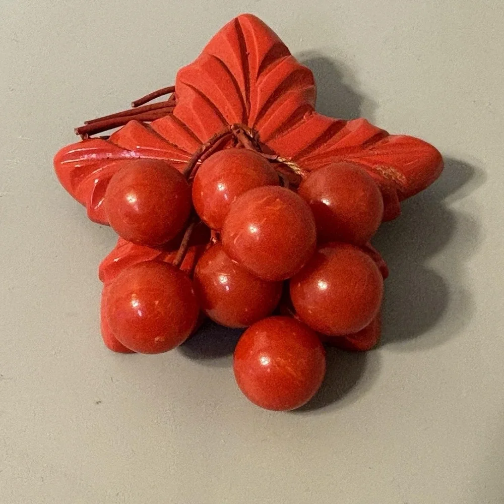 1930s - 40s Cherry Red Bakelite Brooch Carved Leaf Dangling Cherries Huge!